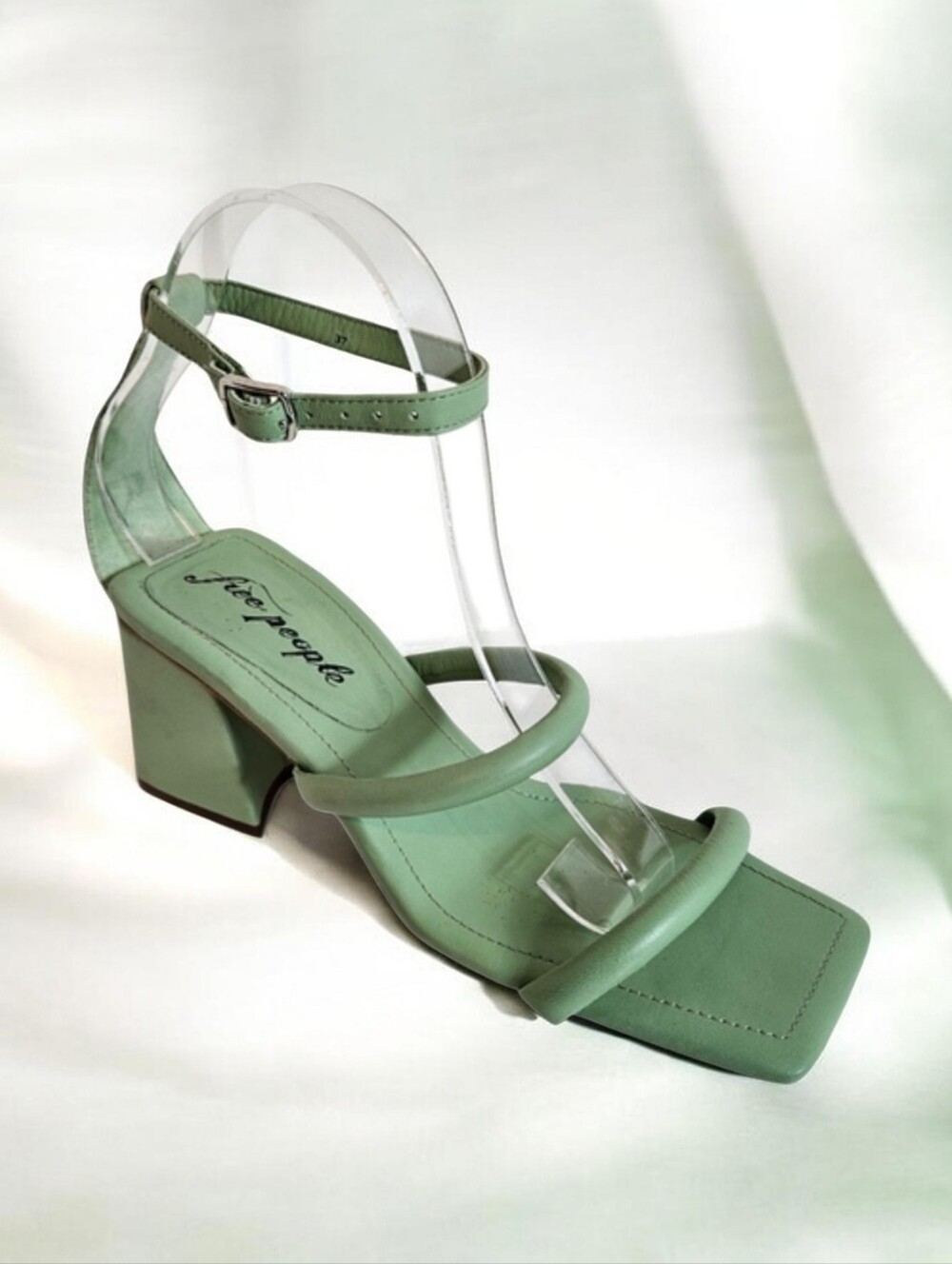 Free People Sandals 37 Perth Slingback Leather Square Toe Block Heel Sage Green